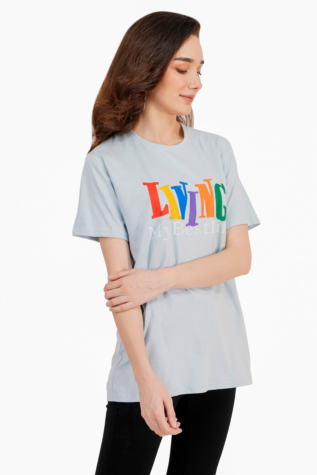 Women Sky Blue Printed   T-Shirt