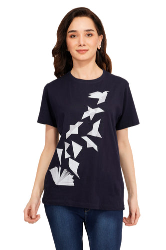 Women Navy blue Cotton Books theme Printed T-shirt