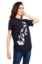 Load image into Gallery viewer, Women Navy blue Cotton Books theme Printed T-shirt